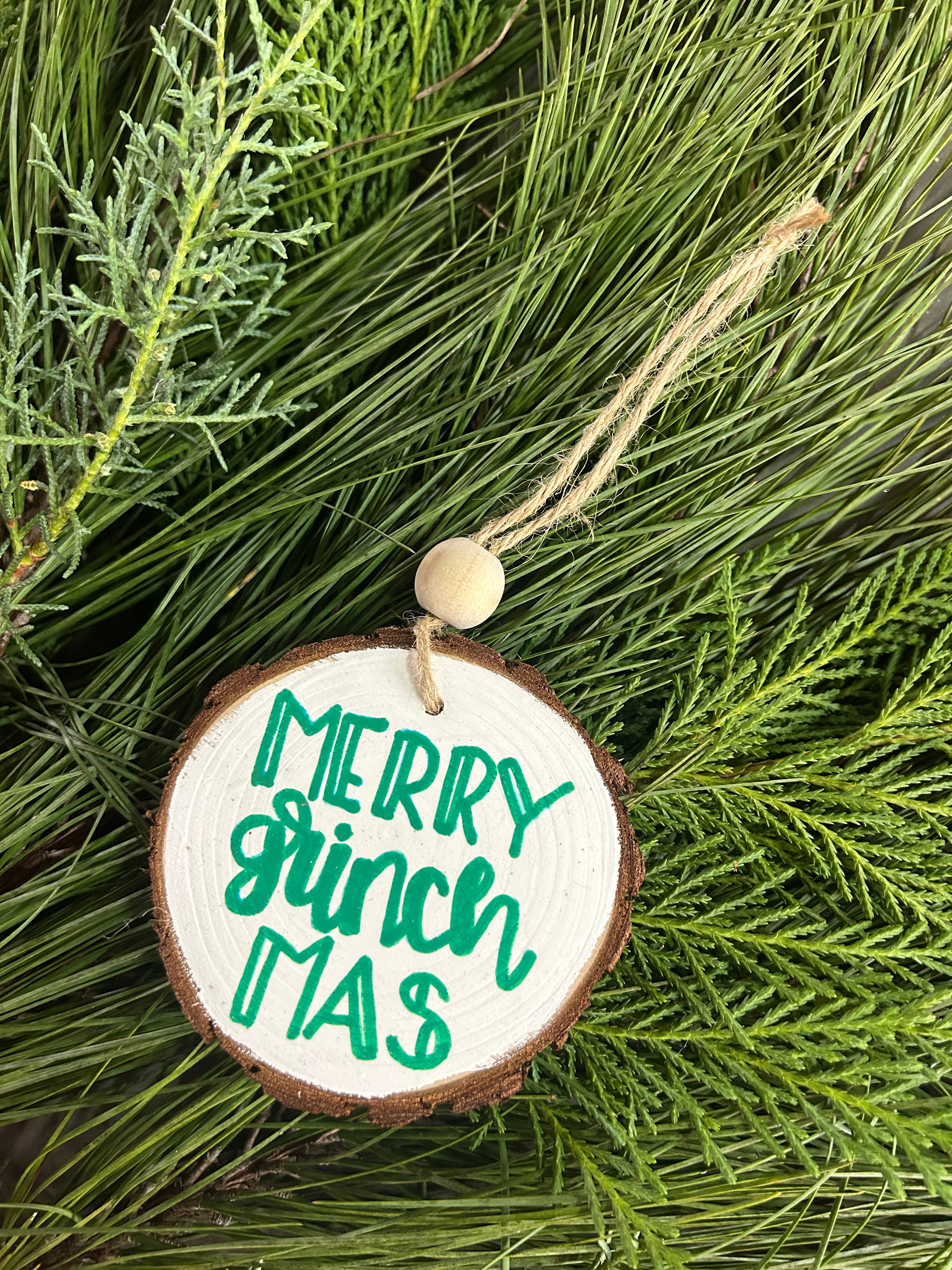 Rustic wood slice ornaments hand painted.