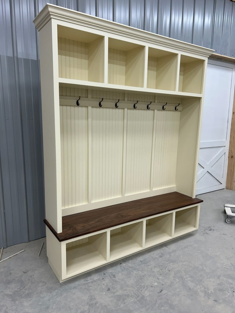 Houston Hall Tree with Bench and Shoe Storage | Solid Wood Mudroom Organizer | Entryway Coat Rack with Cubbies 4-section