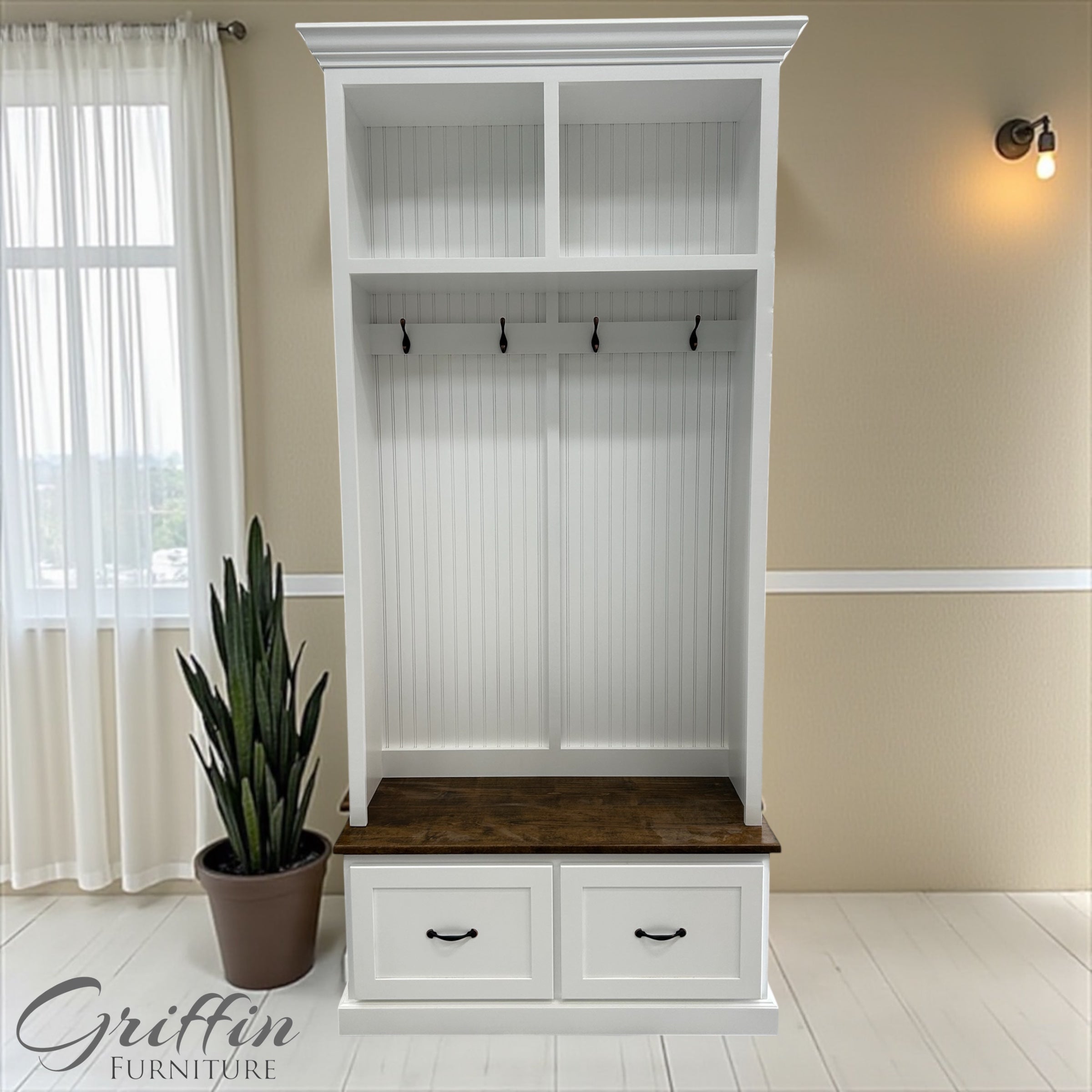 Georgia Mudroom Bench with Shoe Storage | 2-Section Hall Tree Coat Rack | Entryway Organizer Cabinet | Solid Wood Mudbench Furniture