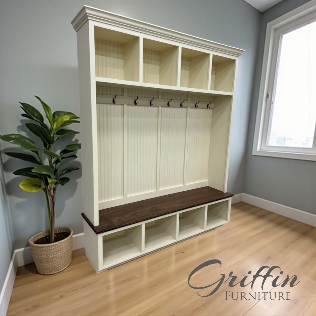 Houston Hall Tree with Bench and Shoe Storage | Solid Wood Mudroom Organizer | Entryway Coat Rack with Cubbies 4-section