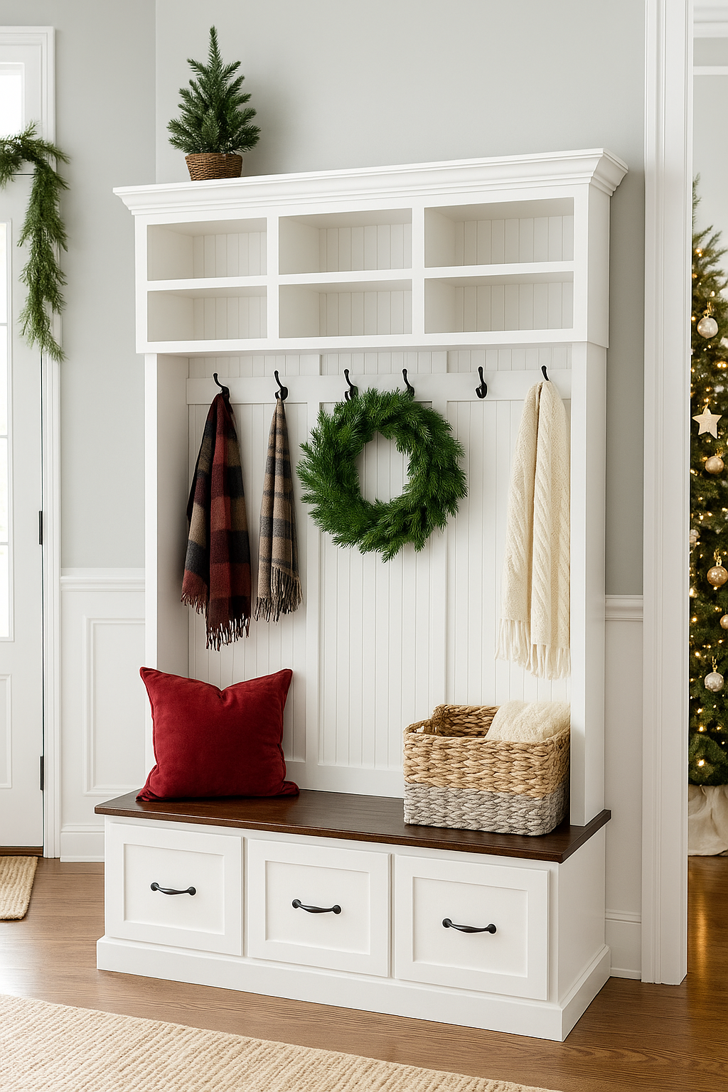 Branson Entryway Bench with Shoe Storage | 3-Section Mudroom Bench, Hall Tree & Wall-Mount Coat Rack – Custom Wood Furniture