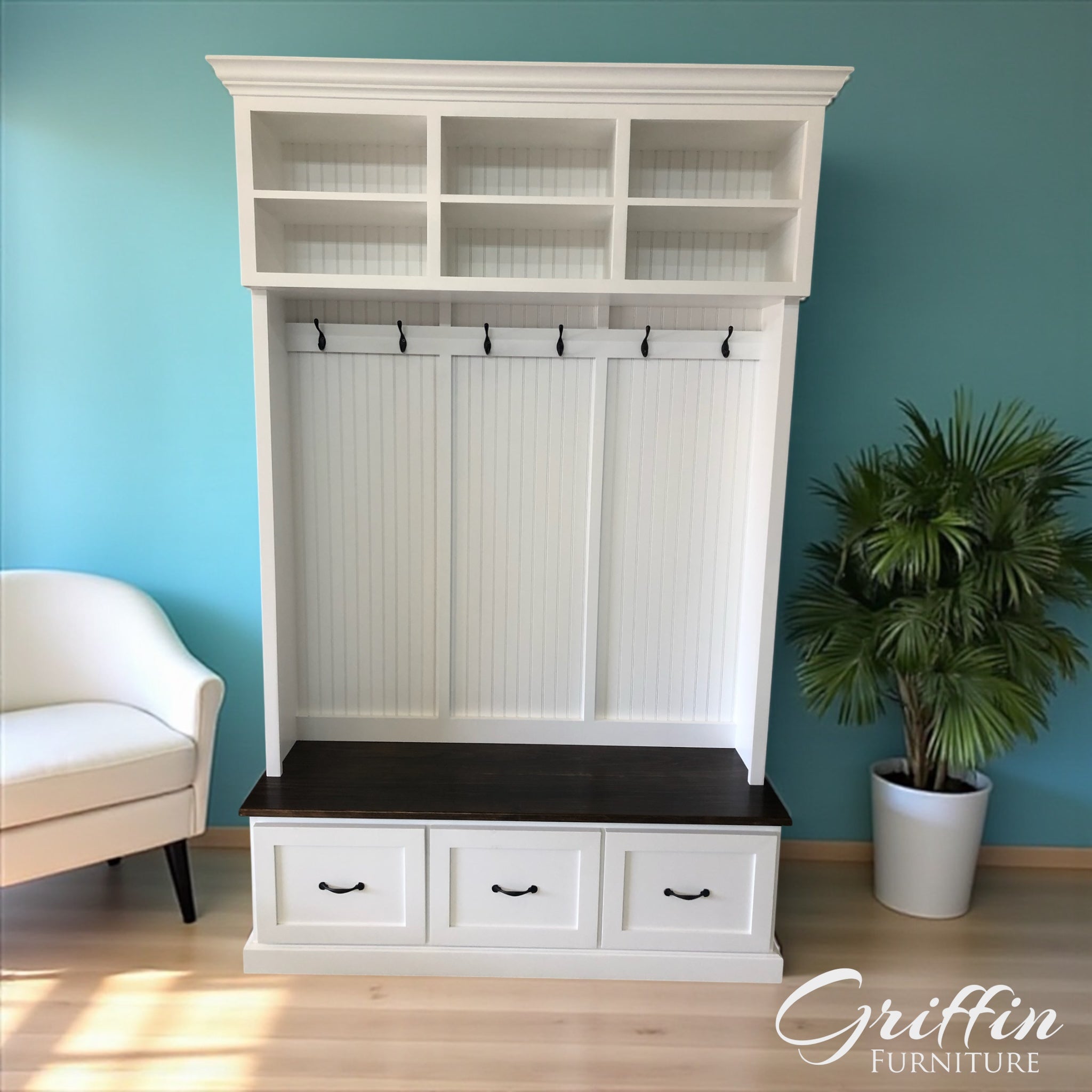 Branson Entryway Bench with Shoe Storage | 3-Section Mudroom Bench, Hall Tree & Wall-Mount Coat Rack – Custom Wood Furniture