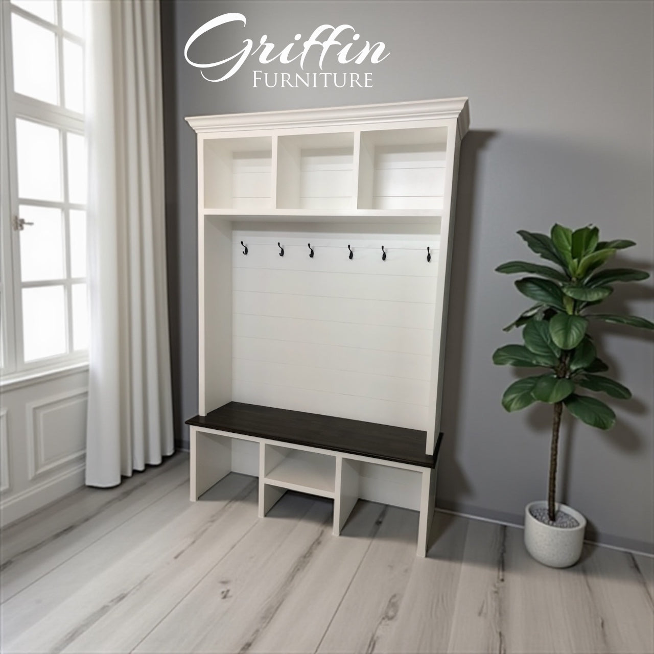 Bluffton Hall Tree with Shoe Storage Bench | Entryway Organizer | Mudroom Furniture & Wall-Mount Coat Rack Cabinet