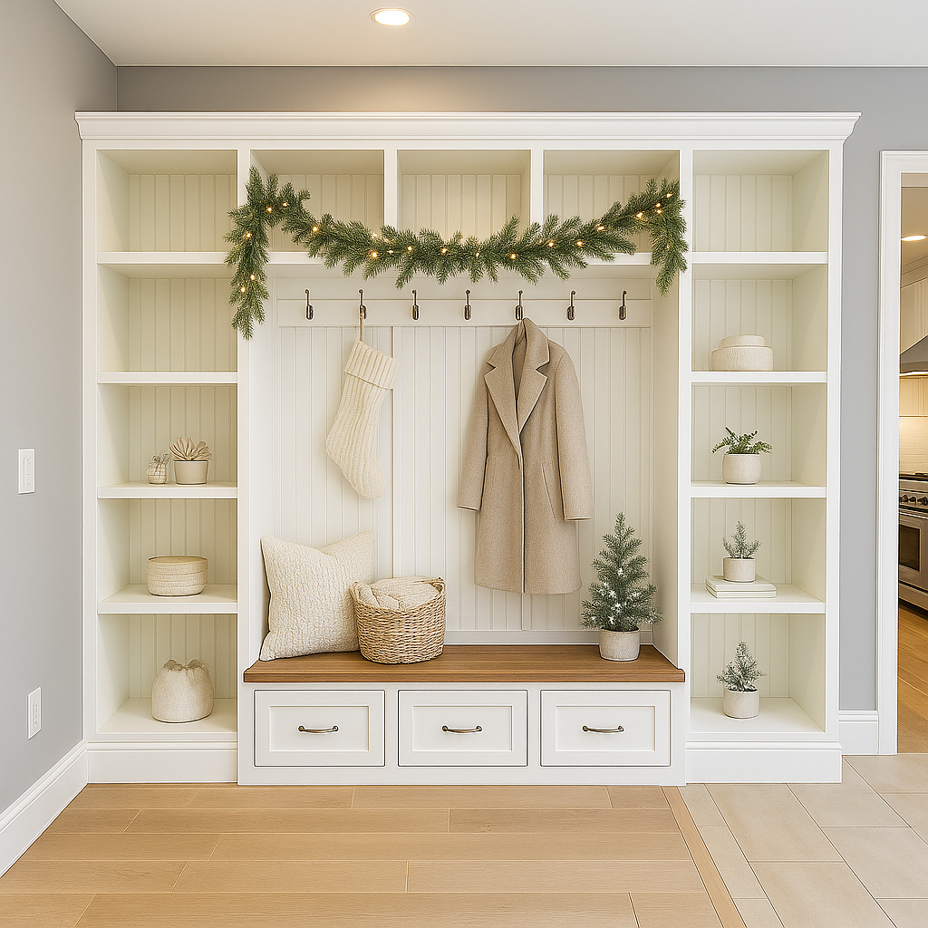 Atlanta Entryway Shoe Storage Bench with Standing Coat Rack | Custom Mudroom Organizer