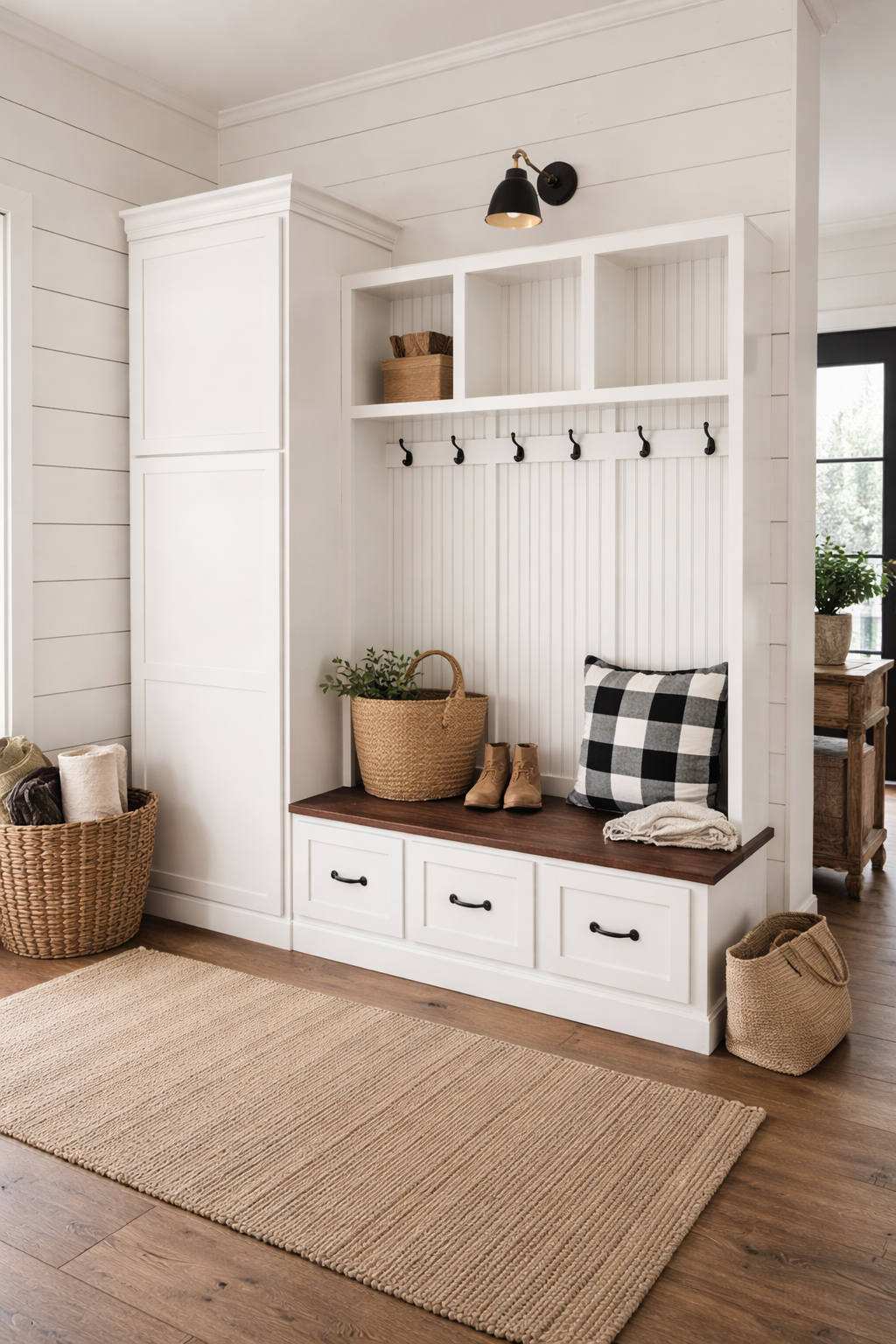 〆1/31 WHITE_WOOD_BENCH #1 Holbrook Entryway Bench with Shoe Storage |3-Section Wood Mudroom