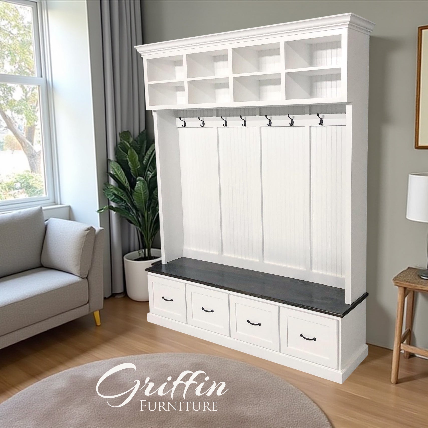 Branson Entryway Storage Bench with Coat Rack | 4-Section Hall Tree for Mudroom Organization | Custom Entryway Furniture
