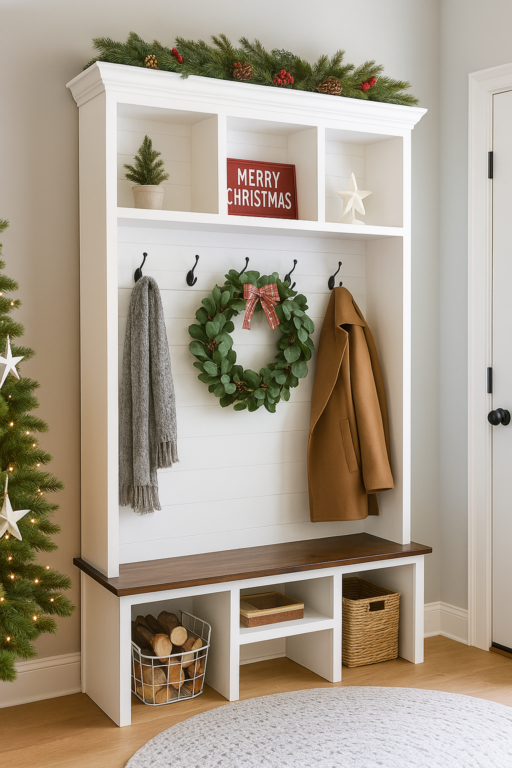 Bluffton Hall Tree with Shoe Storage Bench | Entryway Organizer | Mudroom Furniture & Wall-Mount Coat Rack Cabinet
