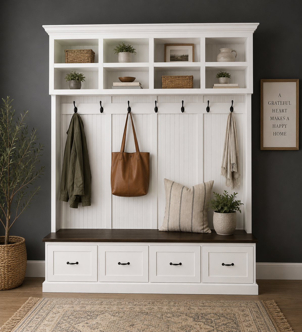 Branson Entryway Bench with Shoe Storage | 4-Section Mudroom Bench, Hall Tree & Wall-Mount Coat Rack – Custom Wood Furniture - Griffin Furniture
