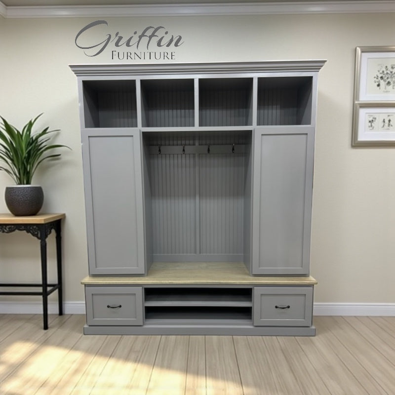 Florida Mudroom Locker Bench with Hall Tree | Custom Storage Solution for Entryways