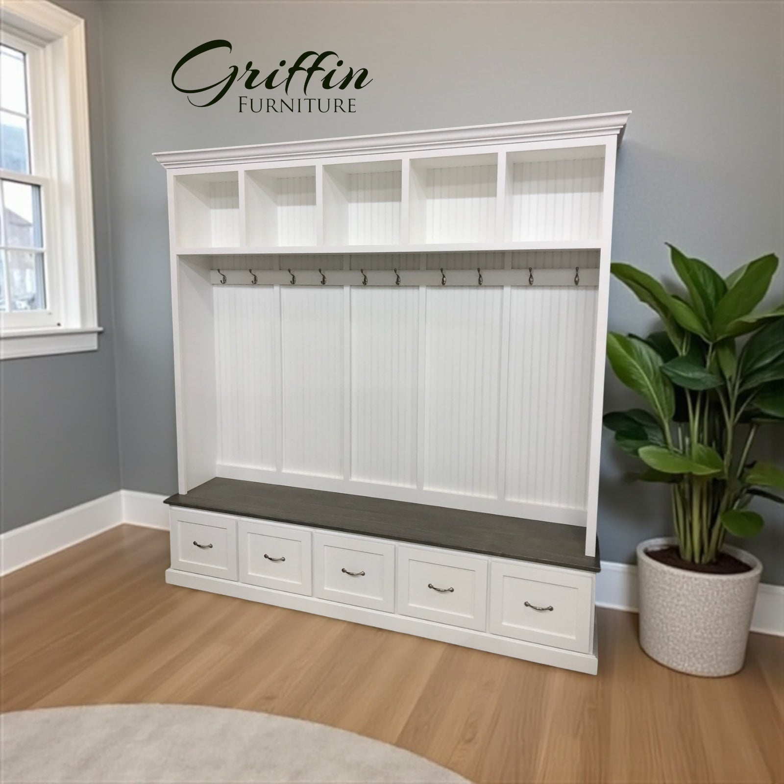 Georgia 5-Section Mudroom Bench with Shoe Storage | Entryway Hall Tree & Coat Rack | Solid Wood Mudbench Organizer Cabinet