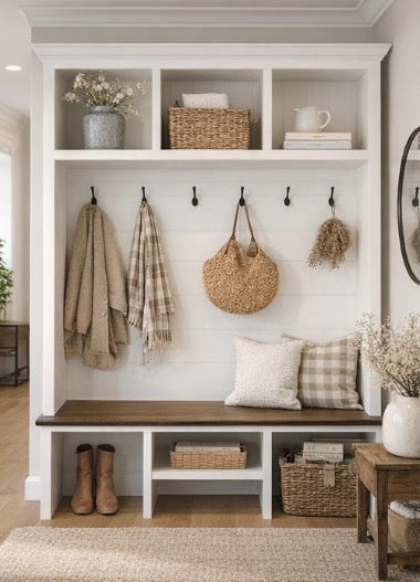 Bluffton Hall Tree with Shoe Storage Bench | Entryway Organizer | Mudroom Furniture & Wall-Mount Coat Rack Cabinet - Griffin Furniture