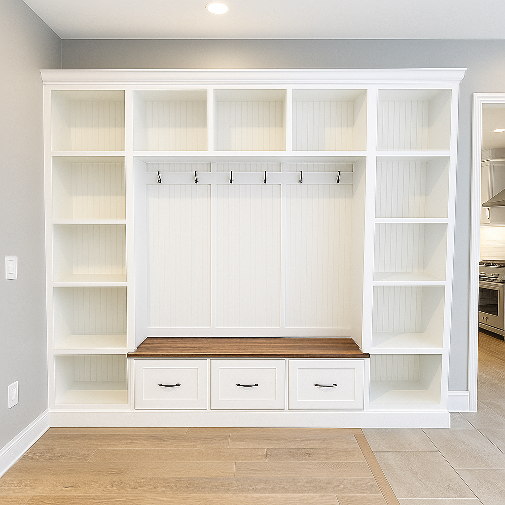 Atlanta Entryway Shoe Storage Bench with Standing Coat Rack | Custom Mudroom Organizer