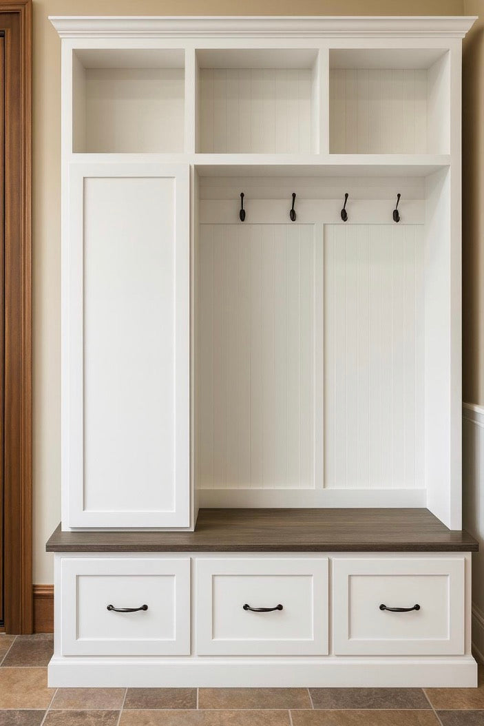 Oregon Mudroom Bench with Shoe Storage & Hooks | Entryway Bench | Custom Hall Tree Locker (3 Section)