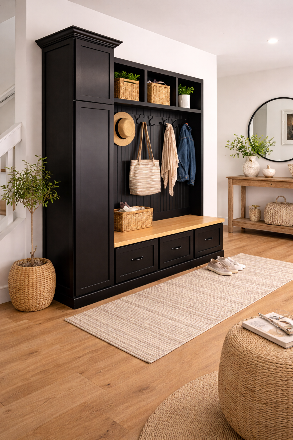 Holbrook Entryway Bench with Shoe Storage | Solid Wood Mudroom Organizer | Hall Tree Style Mud Bench (3-section) - Griffin Furniture