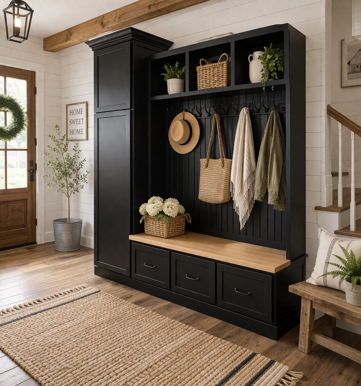 Holbrook Entryway Bench with Shoe Storage | Solid Wood Mudroom Organizer | Hall Tree Style Mud Bench (3-section)