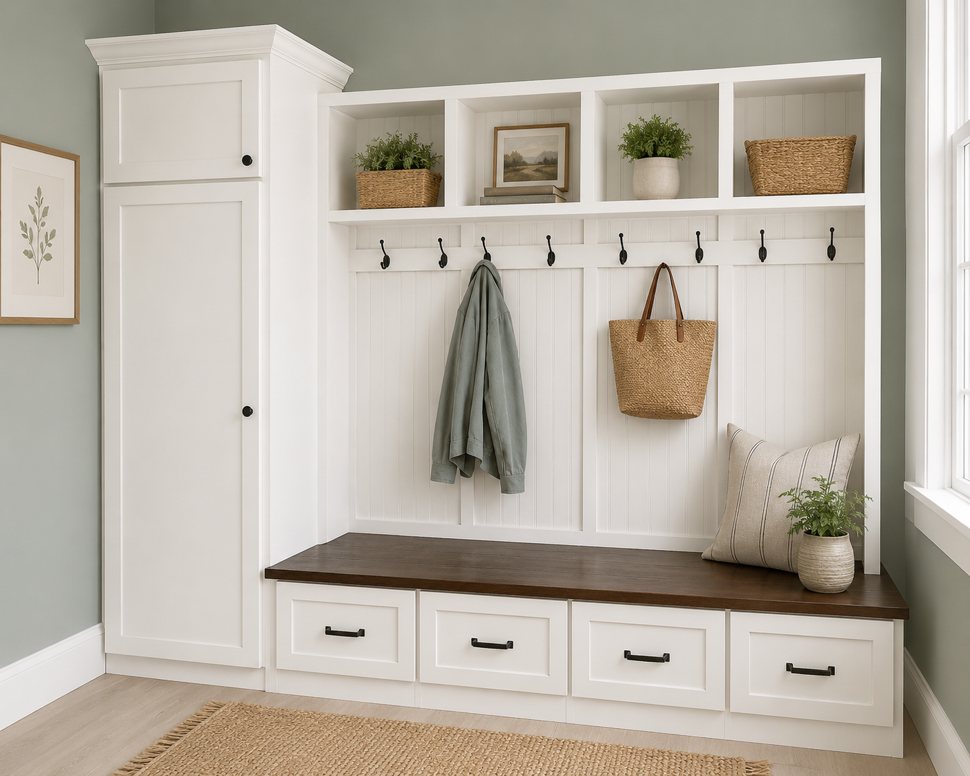 Holbrook Standing Coat Rack | Entryway Shoe Storage Bench | Hall Tree | Shoe Storage | Mudroom Locker (4-section) - Griffin Furniture