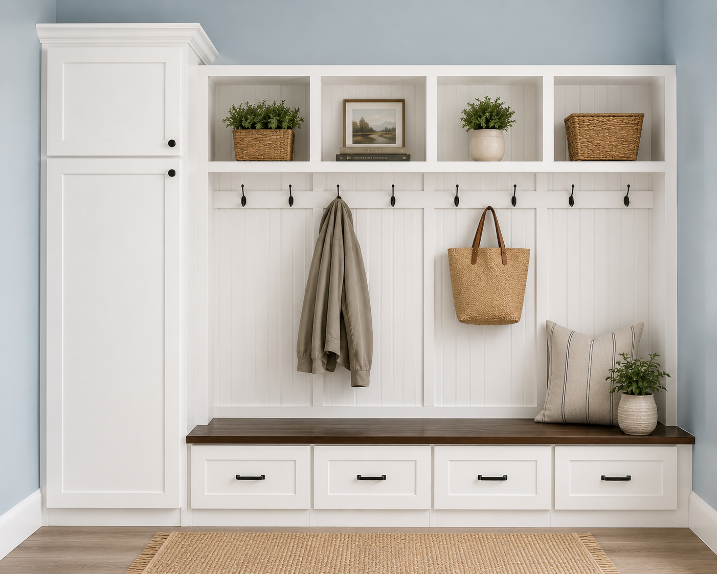 Holbrook Standing Coat Rack | Entryway Shoe Storage Bench | Hall Tree | Shoe Storage | Mudroom Locker (4-section) - Griffin Furniture