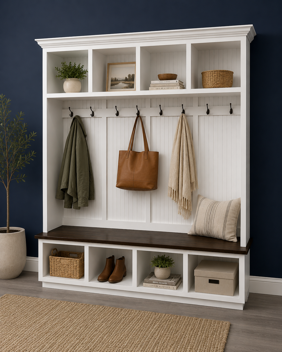 Houston 4-Section Hall Tree with Bench and Shoe Storage | Wood Mudroom Organizer | Entryway Coat Rack with Cubbies