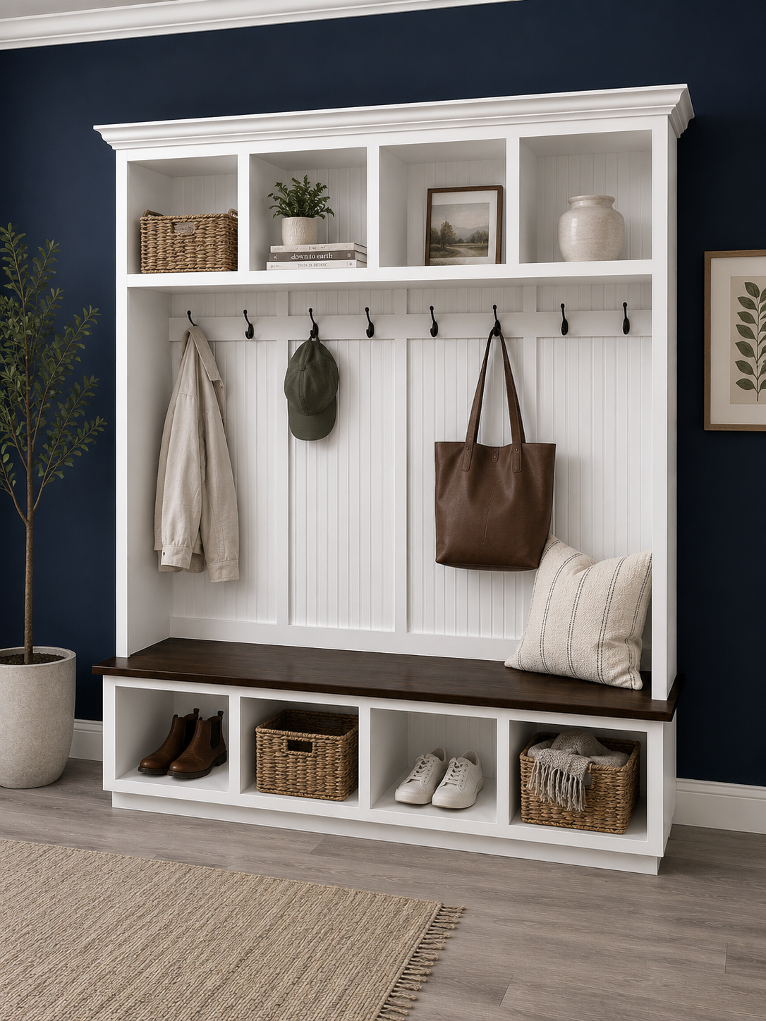 Houston 4-Section Hall Tree with Bench and Shoe Storage | Wood Mudroom Organizer | Entryway Coat Rack with Cubbies
