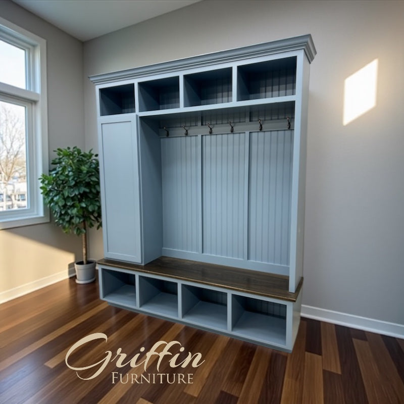 Dallas Hall Tree Bench with Coat Rack | 4-Section Mudroom Storage Solution | Custom Mudroom Furniture