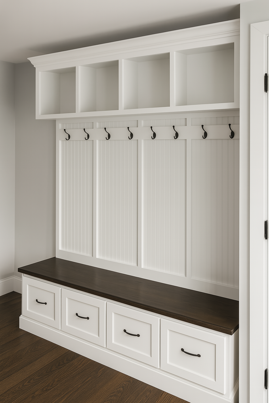 New York 4-Section Mudroom Bench with Storage Drawers & Hall Tree | Custom Entryway Organizer