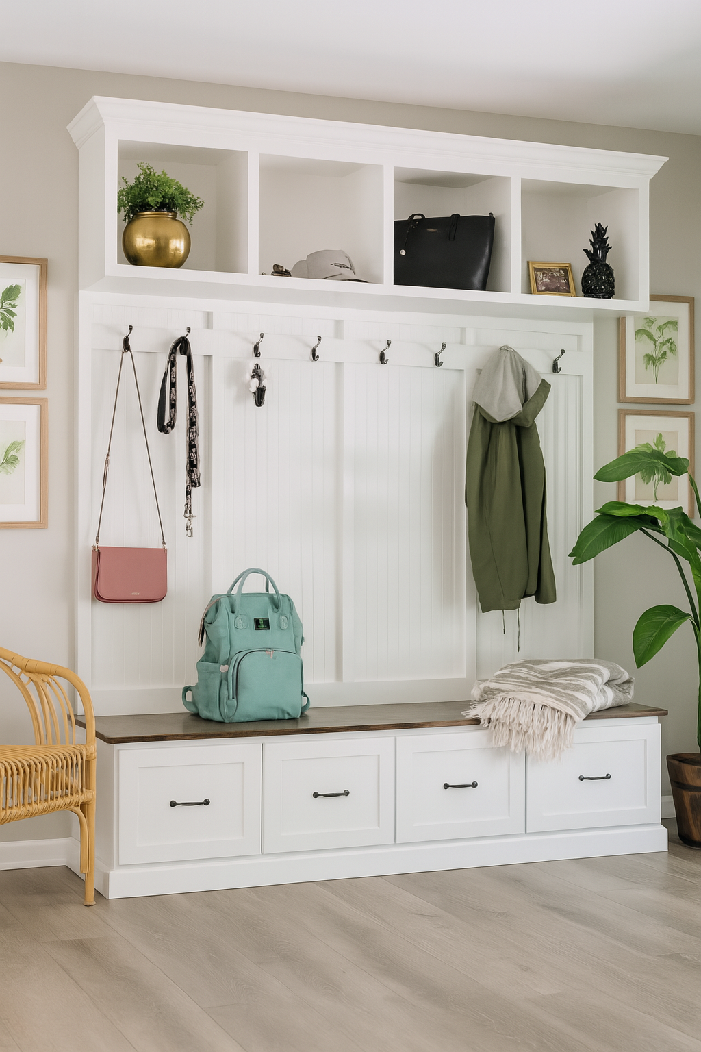 New York 4-Section Mudroom Bench with Storage Drawers & Hall Tree | Custom Entryway Organizer