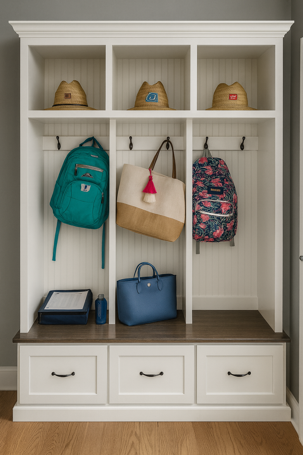 Merrick Mudroom Bench with Coat and Shoe Storage – 3 Section Entryway Organizer | Farmhouse Hall Tree with Hooks and Cubbies