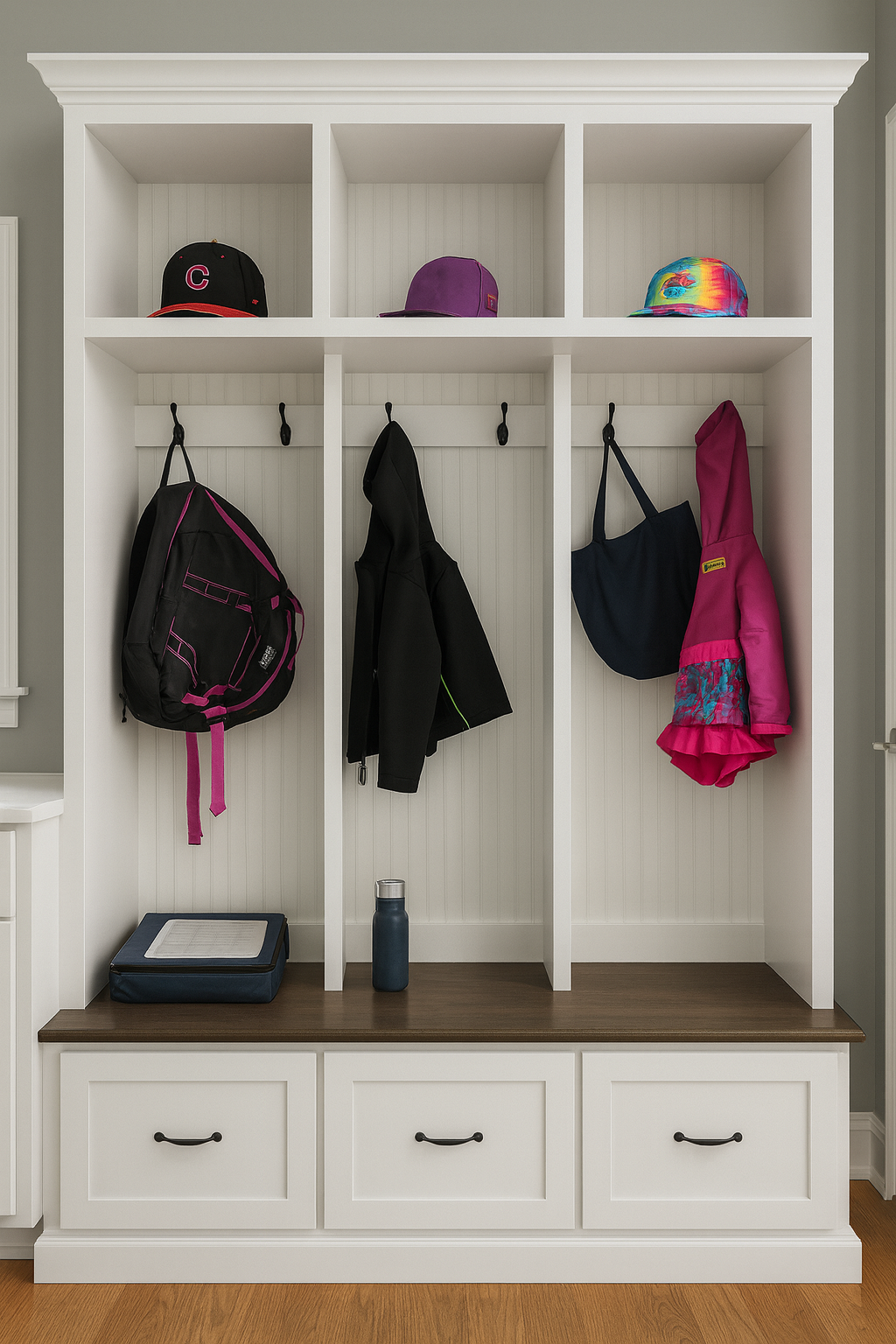 Merrick Mudroom Bench with Coat and Shoe Storage – 3 Section Entryway Organizer | Farmhouse Hall Tree with Hooks and Cubbies
