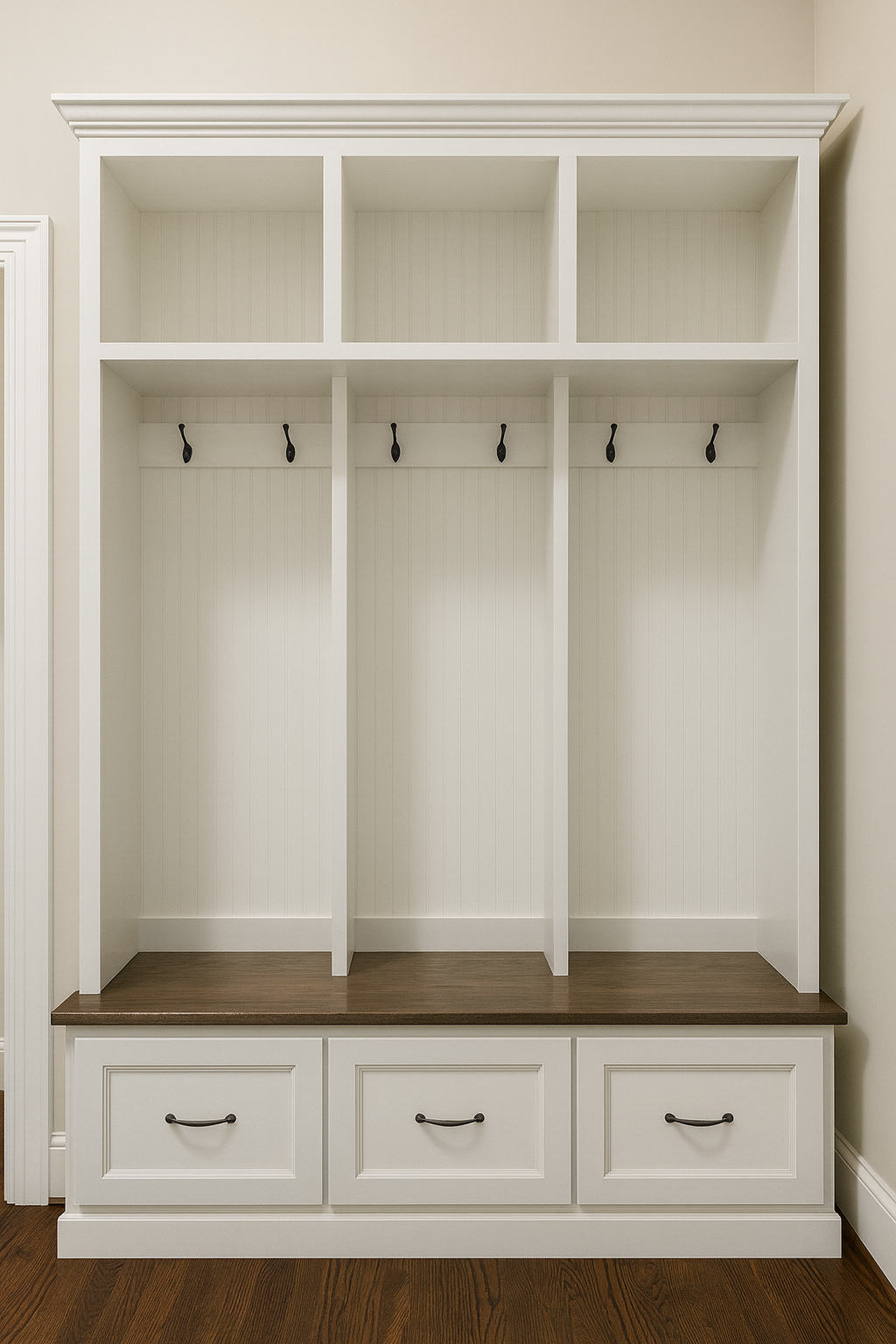 Merrick Mudroom Bench with Coat and Shoe Storage – 3 Section Entryway Organizer | Farmhouse Hall Tree with Hooks and Cubbies