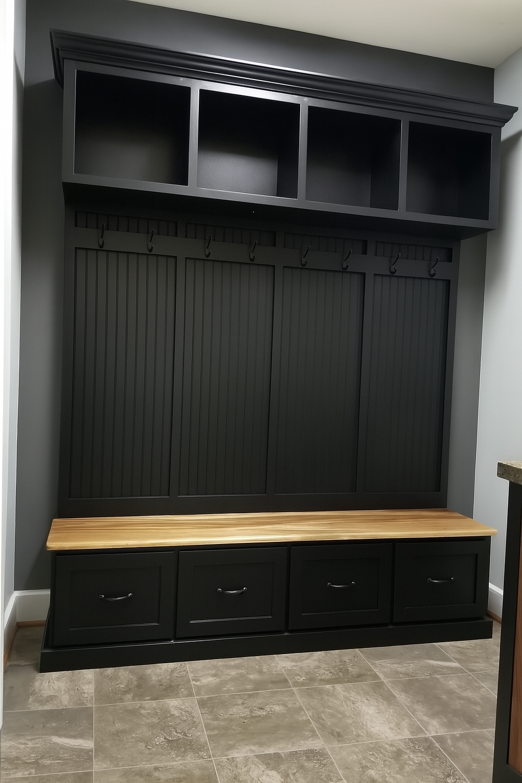 Custom hall tree with storage drawers and bench seating