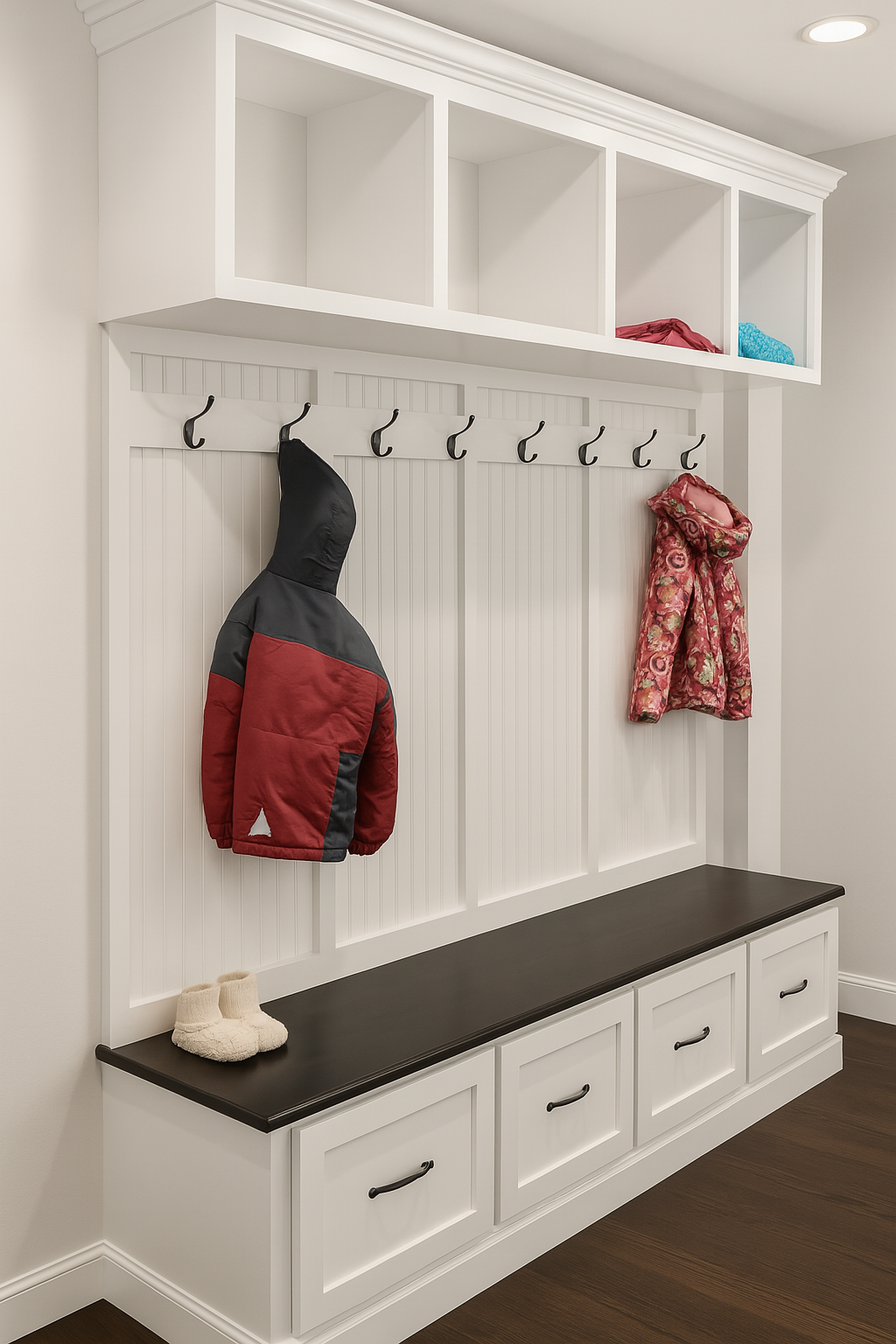 Farmhouse mudroom bench with drawer storage