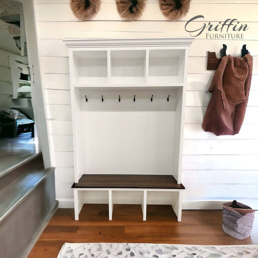 Bluffton Hall Tree | Shoe Storage Bench | Entryway Organization | Mudroom Furniture | Shoe Cabinet | Wall Mount Coat Rack