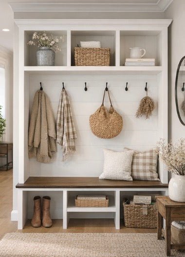 Bluffton Hall Tree with Shoe Storage Bench | Entryway Organizer | Mudroom Furniture & Wall-Mount Coat Rack Cabinet