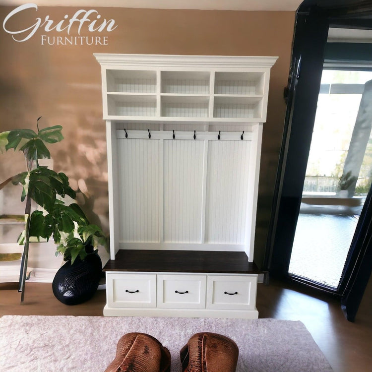 Branson Entryway Bench | Mudroom Bench | Shoe Storage | Hall Tree | Wall Mount Coat Rack (3 - section)