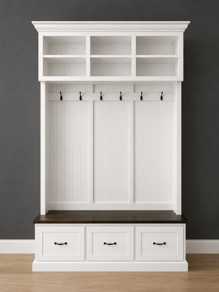 Branson Entryway Bench with Shoe Storage | 3-Section Mudroom Bench, Hall Tree & Wall-Mount Coat Rack – Custom Wood Furniture