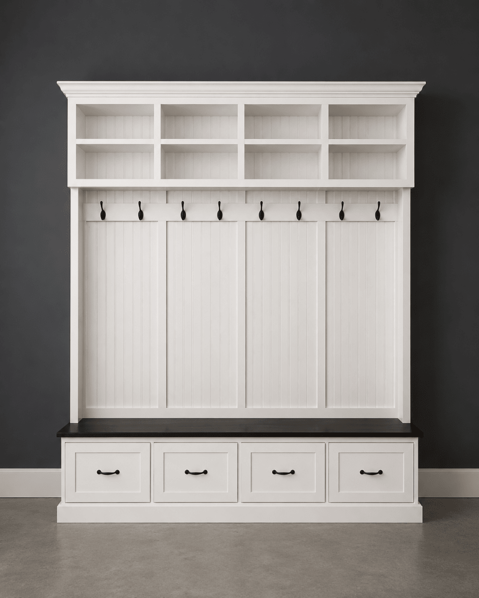 Branson Entryway Bench with Shoe Storage | 4-Section Mudroom Bench, Hall Tree & Wall-Mount Coat Rack – Custom Wood Furniture