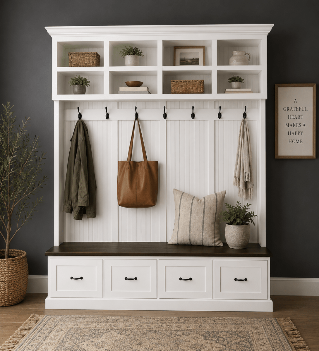 Branson Entryway Bench with Shoe Storage | 4-Section Mudroom Bench, Hall Tree & Wall-Mount Coat Rack – Custom Wood Furniture