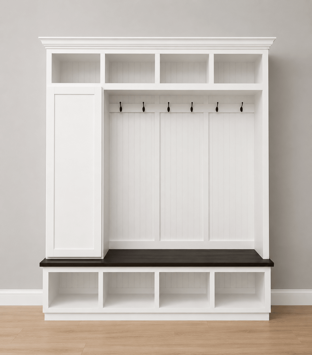 Dallas Hall Tree Bench with Coat Rack | 4-Section Mudroom Storage Solution | Custom Mudroom Furniture