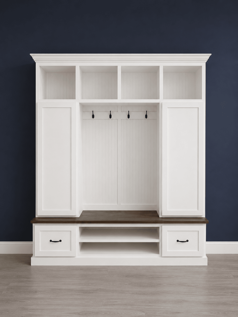 Florida Mudroom Locker Bench with Hall Tree | Custom Storage Solution for Entryways