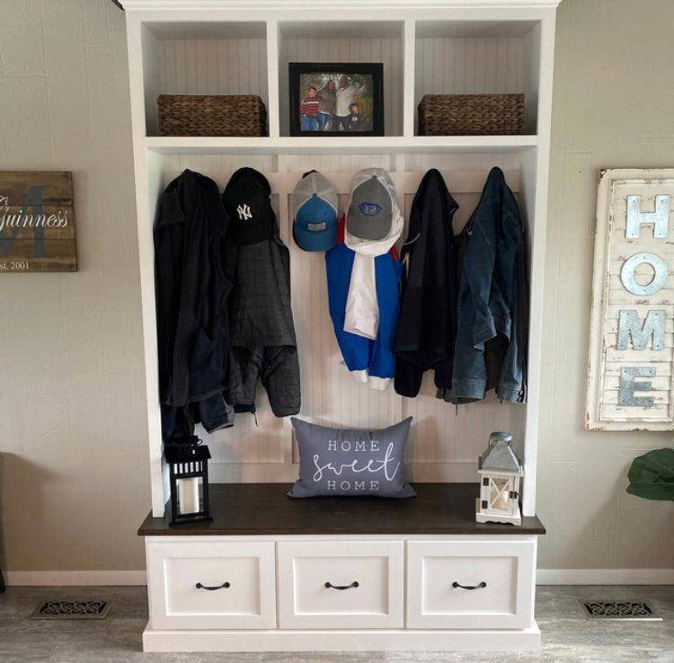 Georgia Entryway Hall Tree with Storage | 3-section Custom Mudroom Bench | Shoe Cabinet & Coat Rack | Griffin Furniture