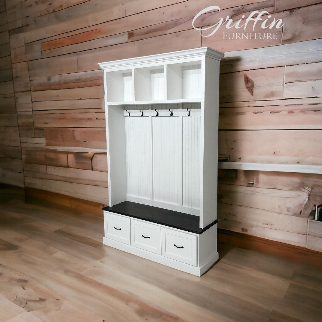 Georgia Entryway Hall Tree with Storage | 3-section Custom Mudroom Bench | Shoe Cabinet & Coat Rack | Griffin Furniture