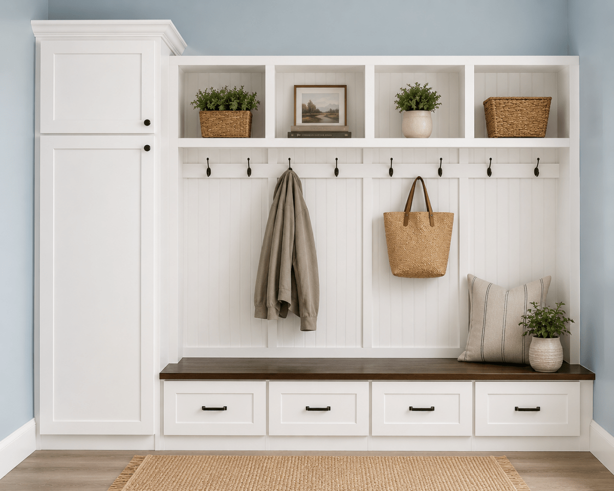 Holbrook Standing Coat Rack | Entryway Shoe Storage Bench | Hall Tree | Shoe Storage | Mudroom Locker (4-section)