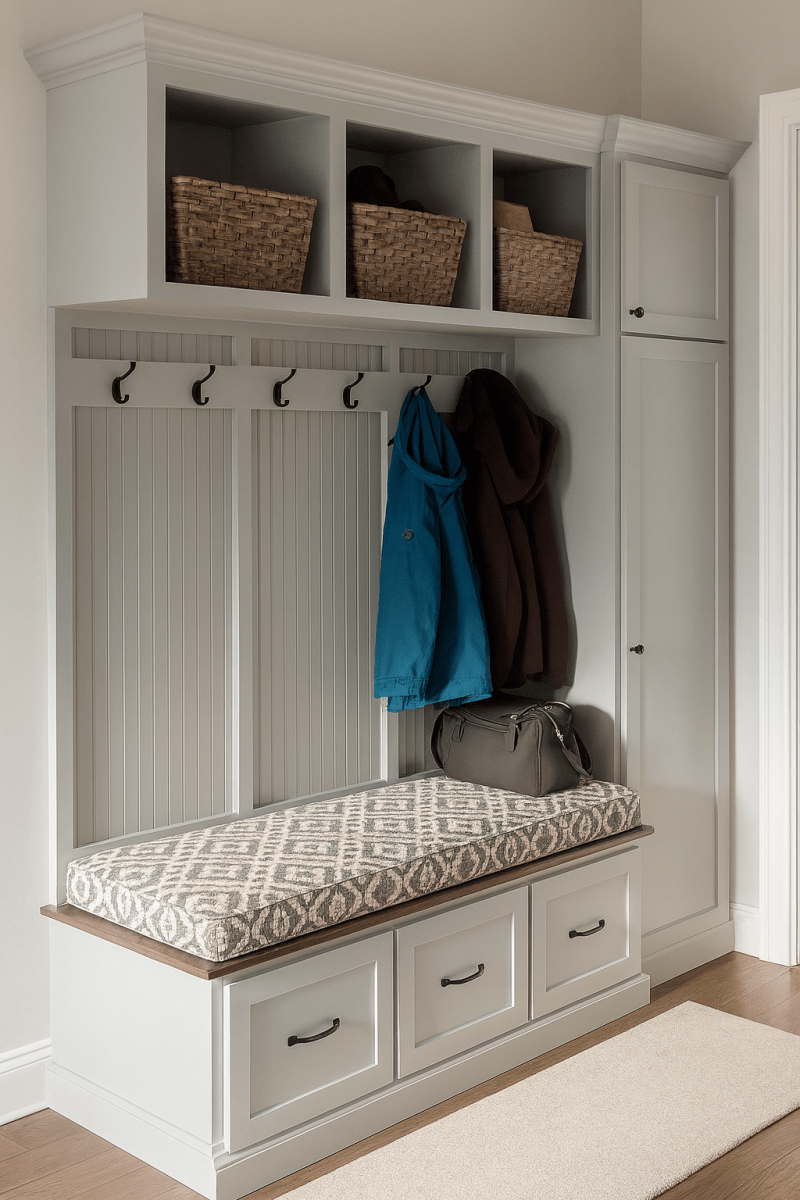 Indiana Entryway Bench with Storage | 3-Section Mudroom Organizer | Solid Wood Front Door Hall Tree Seat