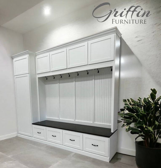 standing coat rack with bench made by Griffin Furniture