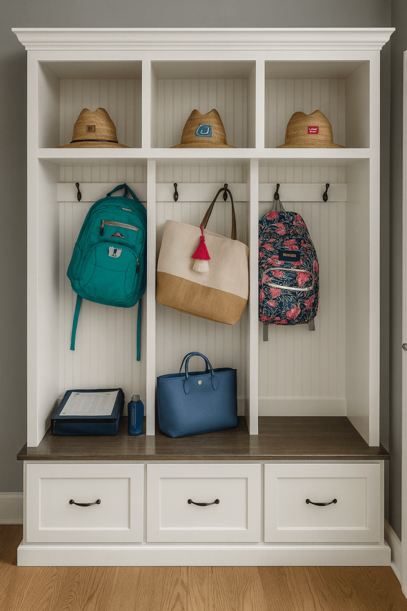 Merrick Mudroom Bench with Coat and Shoe Storage – 3 Section Entryway Organizer | Farmhouse Hall Tree with Hooks and Cubbies