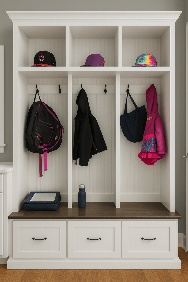Merrick Mudroom Bench with Coat and Shoe Storage – 3 Section Entryway Organizer | Farmhouse Hall Tree with Hooks and Cubbies