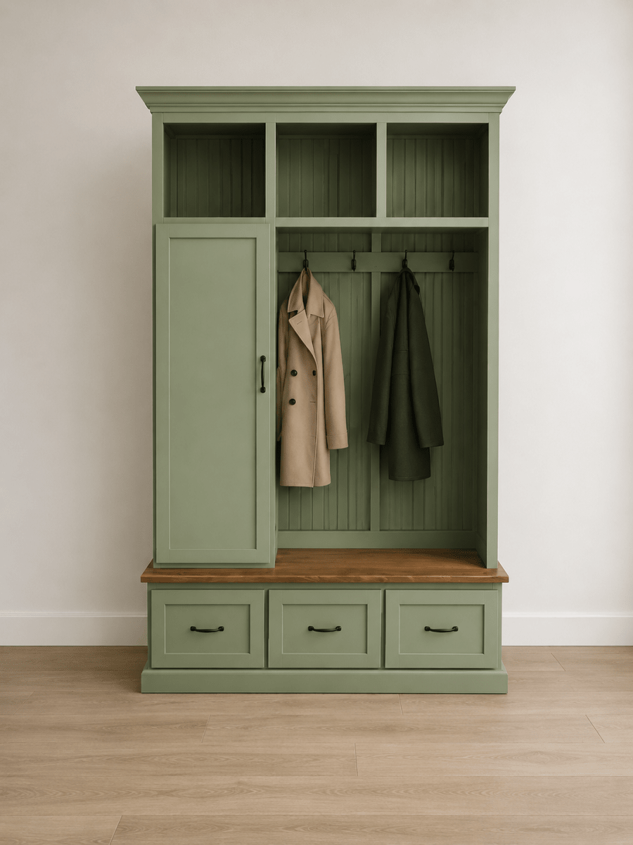Oregon Mudroom Bench with Shoe Storage & Hooks | Entryway Bench | Custom Hall Tree Locker (3 Section)