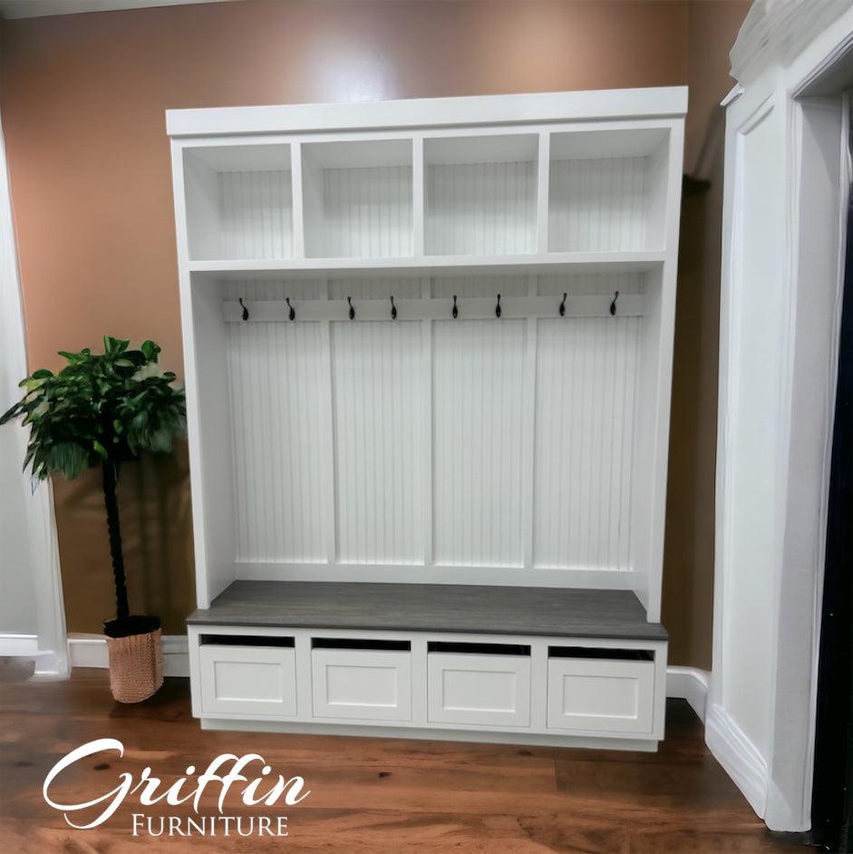 Orlando 4-Section Hall Tree with Bench and Shoe Storage – Entryway Organizer with Hooks, Cubbies & Seating | Griffin Furniture