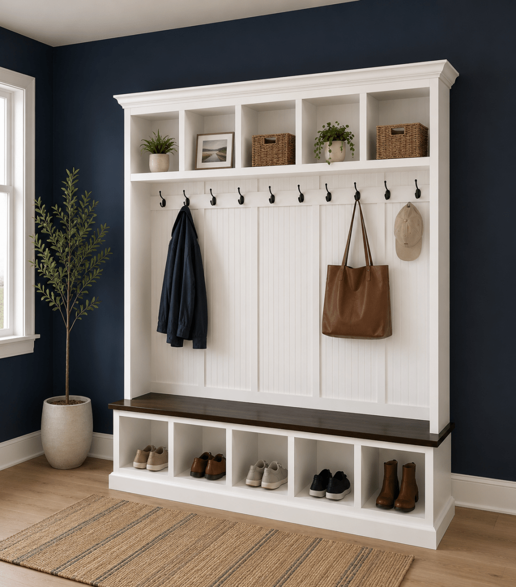 Pennsylvania 5-Section Entryway Bench with Storage – Custom Mudroom Seating | Wood Hall Tree Organizer