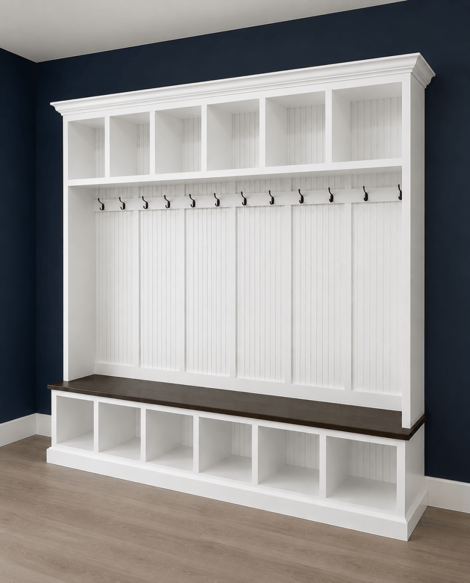 Pennsylvania 6-Section Entryway Bench with Storage – Custom Mudroom Organizer | Wood Hall Tree Seating